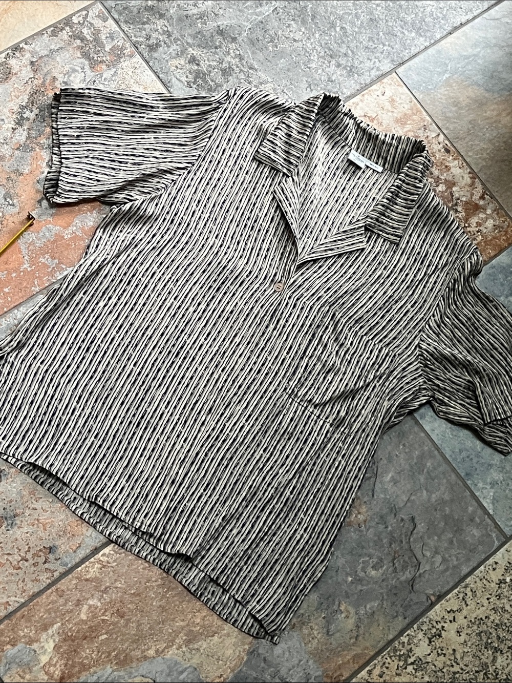 Lightweight Black & cream Striped Short Sleeve Button Top
